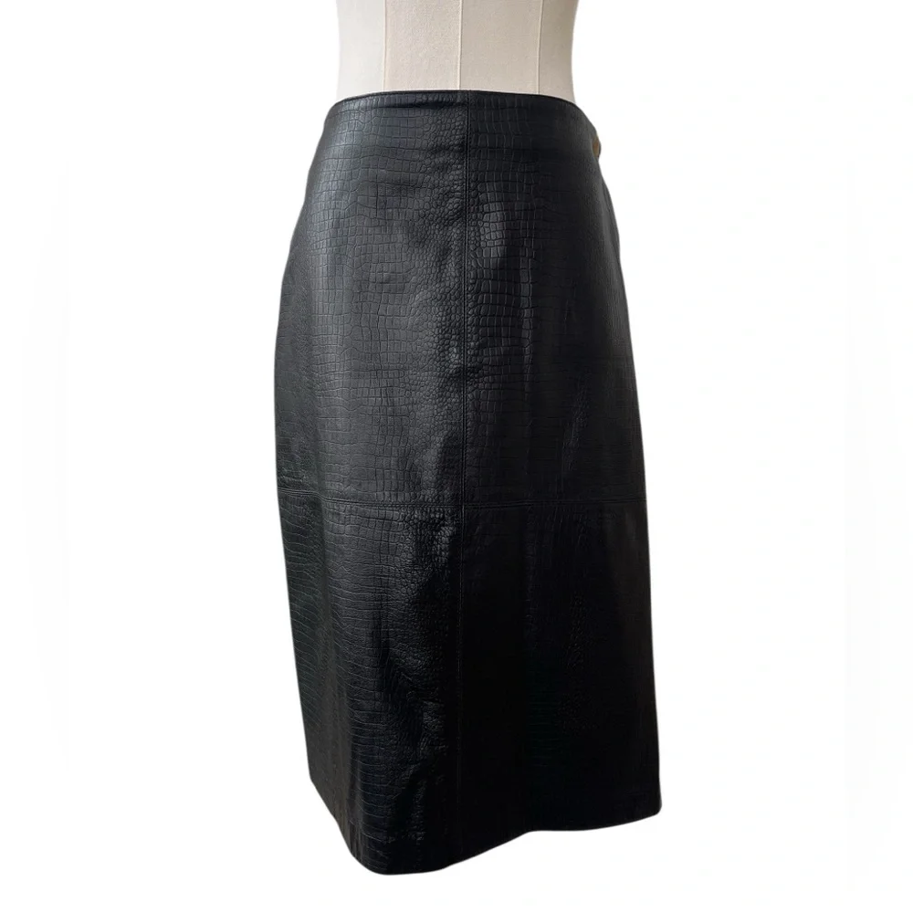 Vintage 90s black genuine croc leather pencil skirt back slit fully lined 12 - Picture 2 of 12